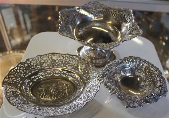 George V pierced silver pedestal sweetmeat dish , similar Vict heart-shaped dish & Cont (800) oval dish with amorini (3)